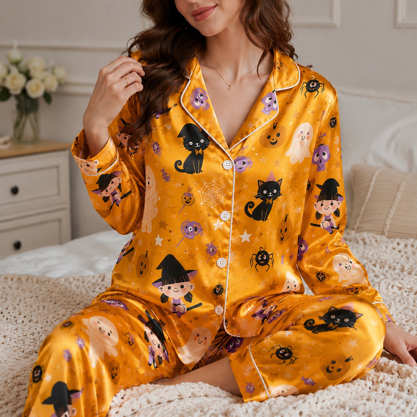 PJ-694-Spooky Chic Satin Pajamas, Whimsical Halloween Sleepwear Set, Cozy Autumn Lounge Outfit, Limited Style Gift