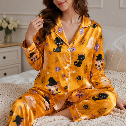PJ-694-Spooky Chic Satin Pajamas, Whimsical Halloween Sleepwear Set, Cozy Autumn Lounge Outfit, Limited Style Gift