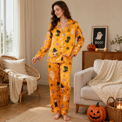 PJ-694-Spooky Chic Satin Pajamas, Whimsical Halloween Sleepwear Set, Cozy Autumn Lounge Outfit, Limited Style Gift
