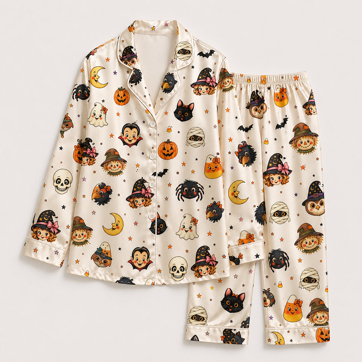PJ-695-Cute Halloween Characters Satin Pajama Set with Ghost Pumpkin Black Cat Witch Vampire and Spider Pattern for Cozy Spooky Sleepwear