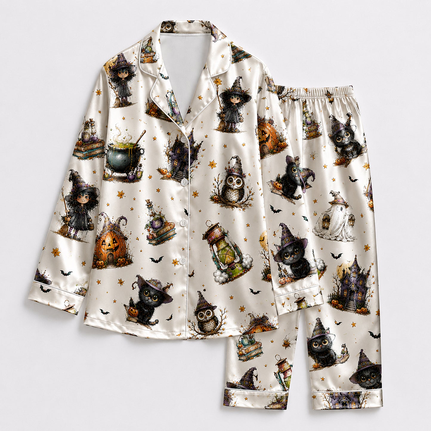 PJ-697-Vintage Halloween Witch Satin Pajama Set with Black Cat Pumpkin Potion Haunted Lantern and Gothic Magic Pattern for Cozy Sleepwear