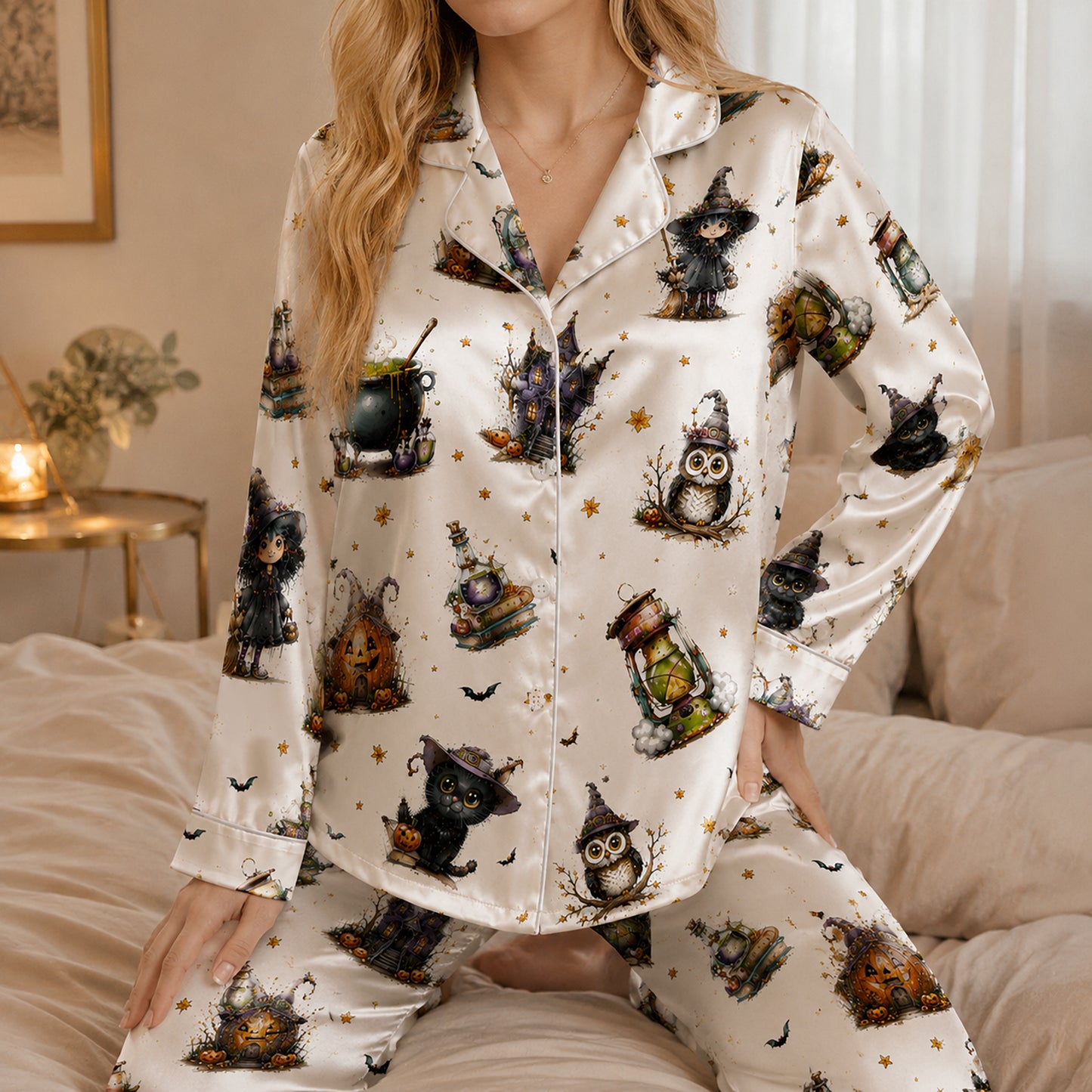 PJ-697-Vintage Halloween Witch Satin Pajama Set with Black Cat Pumpkin Potion Haunted Lantern and Gothic Magic Pattern for Cozy Sleepwear