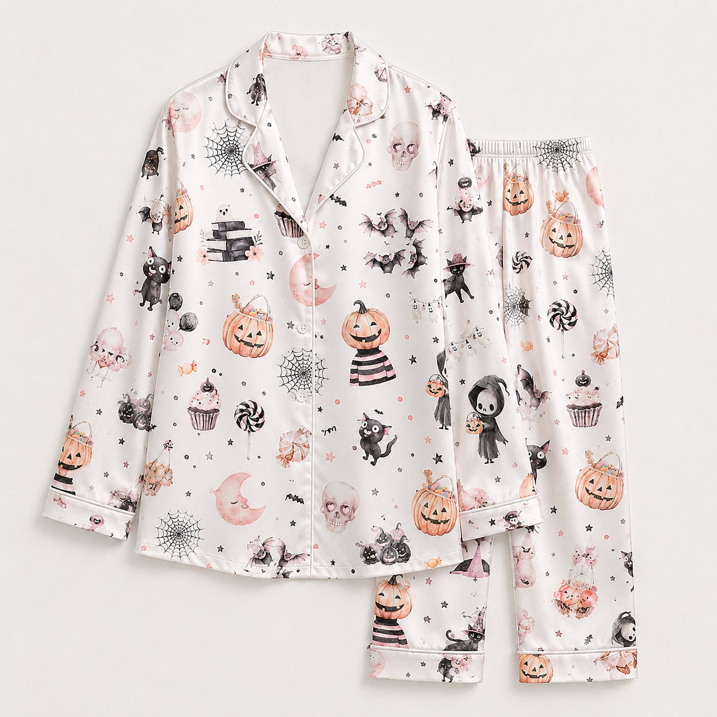 PJ-698-Pastel Halloween Satin Pajama Set with Cute Ghost Pumpkin Pink Moon Kawaii Witch Bat and Spider Pattern for Cozy Autumn Loungewear