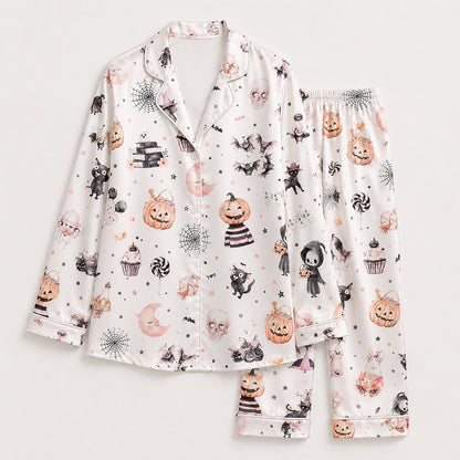 PJ-698-Pastel Halloween Satin Pajama Set with Cute Ghost Pumpkin Pink Moon Kawaii Witch Bat and Spider Pattern for Cozy Autumn Loungewear