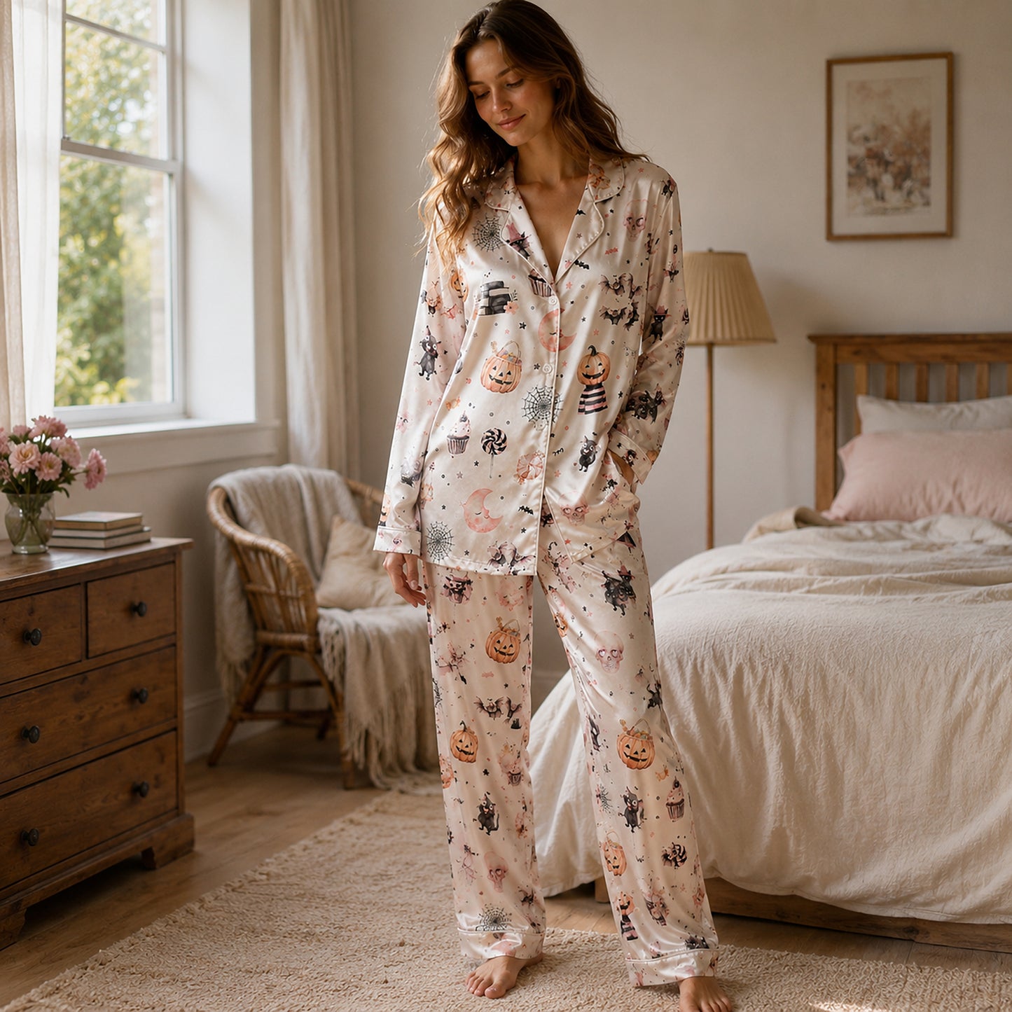 PJ-698-Pastel Halloween Satin Pajama Set with Cute Ghost Pumpkin Pink Moon Kawaii Witch Bat and Spider Pattern for Cozy Autumn Loungewear