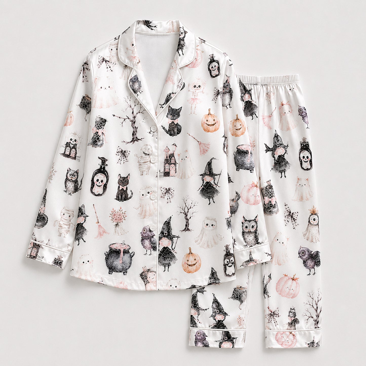 PJ-699-Vintage Halloween Satin Pajama Set with Black Cat Ghost Pumpkin and Haunted House Pattern