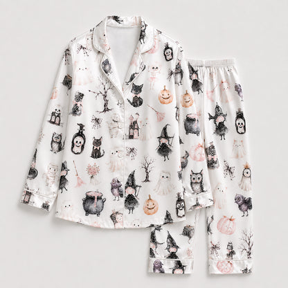 PJ-699-Vintage Halloween Satin Pajama Set with Black Cat Ghost Pumpkin and Haunted House Pattern