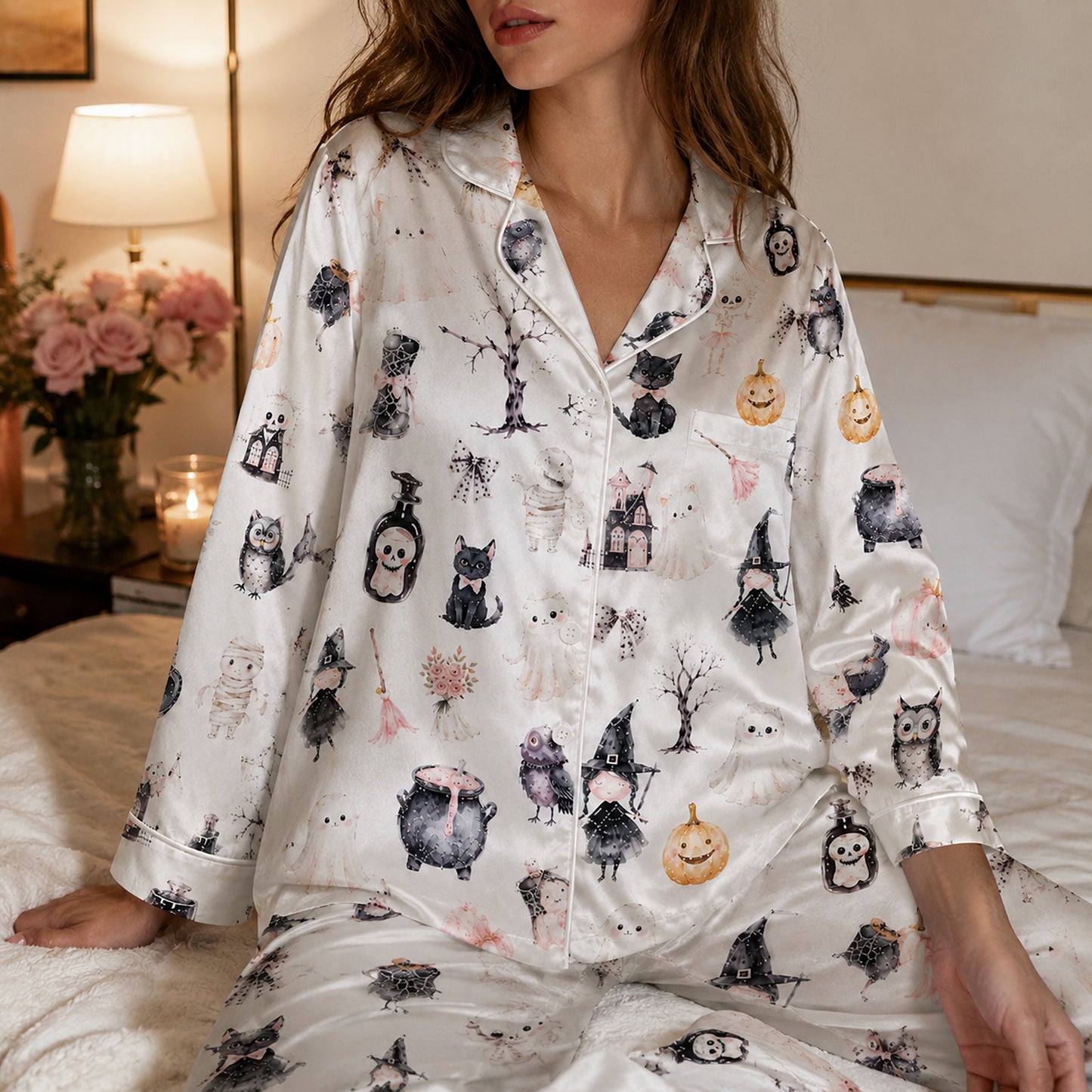 PJ-699-Vintage Halloween Satin Pajama Set with Black Cat Ghost Pumpkin and Haunted House Pattern