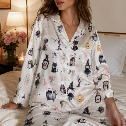 PJ-699-Vintage Halloween Satin Pajama Set with Black Cat Ghost Pumpkin and Haunted House Pattern