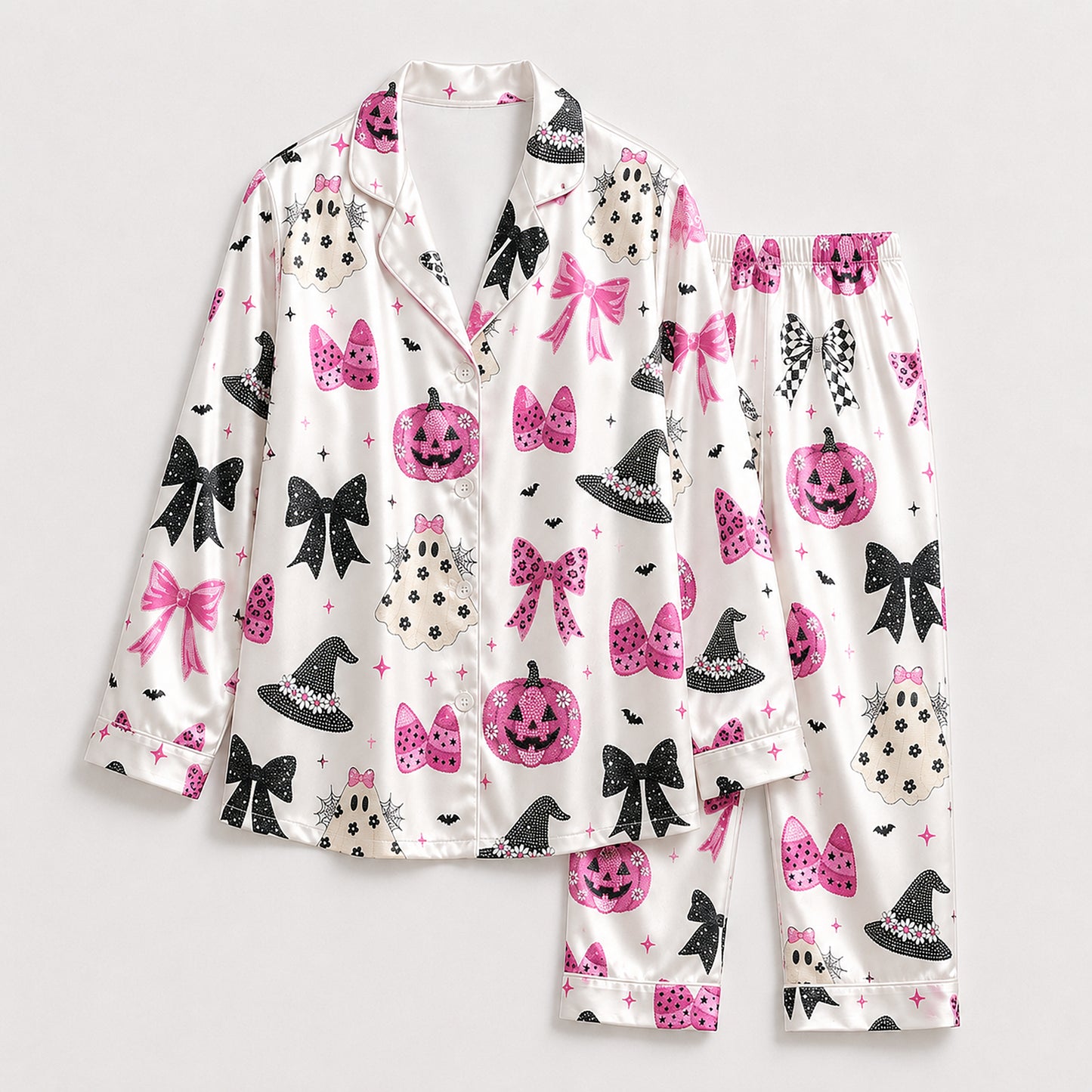 PJ-700-Pink Coquette Halloween Satin Pajama Set with Bows Pumpkins and Witch Hat Pattern