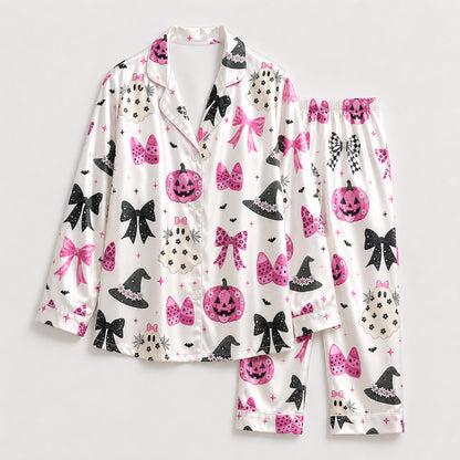 PJ-700-Pink Coquette Halloween Satin Pajama Set with Bows Pumpkins and Witch Hat Pattern