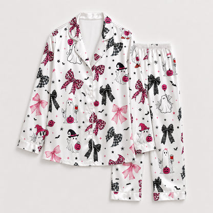 PJ-701-Coquette Bow Satin Pajama Set with Pink Black Ribbon and Pumpkin Halloween Pattern