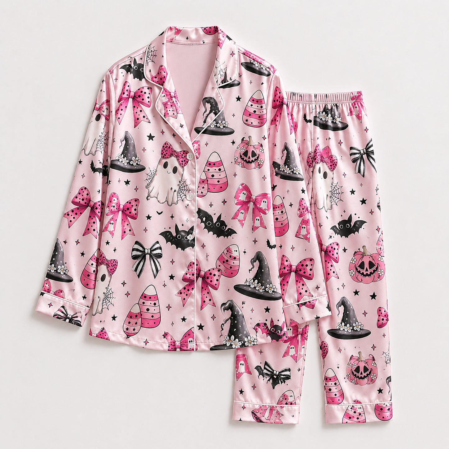 PJ-702-Pink Halloween Satin Pajama Set with Bows Bats Witch Hat and Pumpkin Pattern