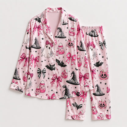 PJ-702-Pink Halloween Satin Pajama Set with Bows Bats Witch Hat and Pumpkin Pattern