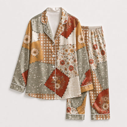 PJ-703-Vintage Patchwork Satin Pajama Set with Floral Plaid and Rustic Autumn Pattern