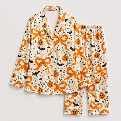 PJ-704-Kawaii Halloween Satin Pajama Set with Cute Ghost Pumpkin Black Cat and Candy Pattern