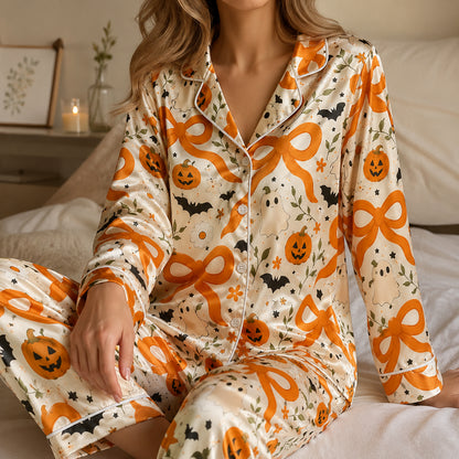 PJ-704-Kawaii Halloween Satin Pajama Set with Cute Ghost Pumpkin Black Cat and Candy Pattern