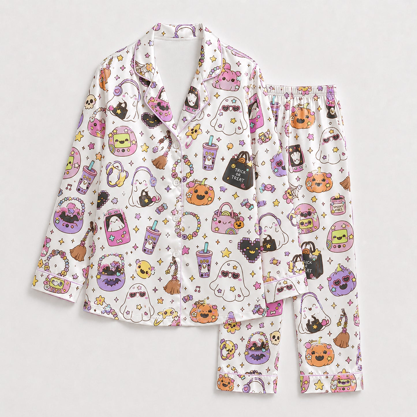 PJ-705-Kawaii Halloween Satin Pajama Set with Cute Spooky Character Pattern for Cozy Sleepwear