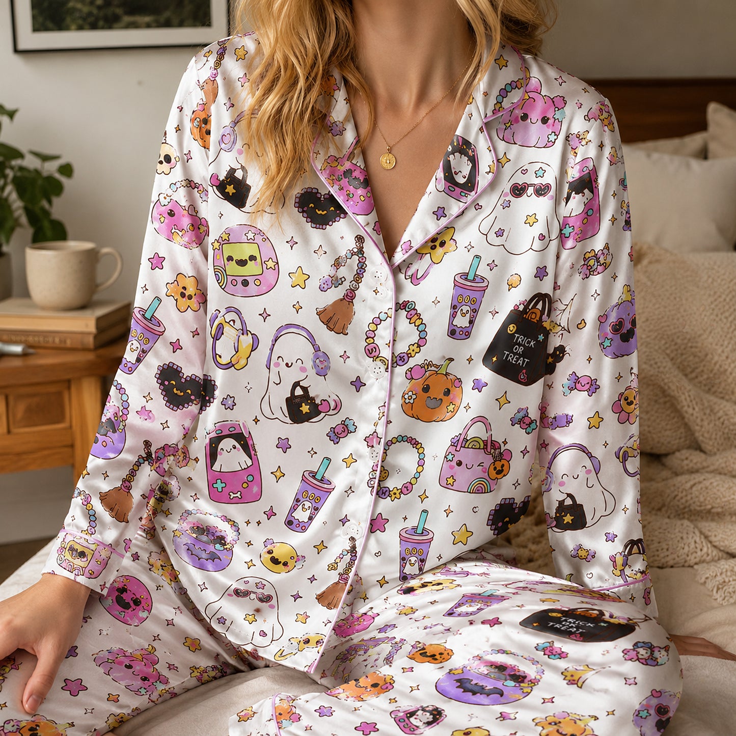 PJ-705-Kawaii Halloween Satin Pajama Set with Cute Spooky Character Pattern for Cozy Sleepwear