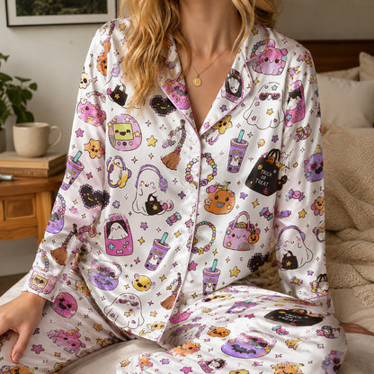 PJ-705-Kawaii Halloween Satin Pajama Set with Cute Spooky Character Pattern for Cozy Sleepwear