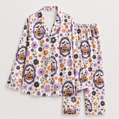 PJ-706-Vintage Floral Halloween Satin Pajama Set with Pumpkin Cameo and Purple Flower Pattern