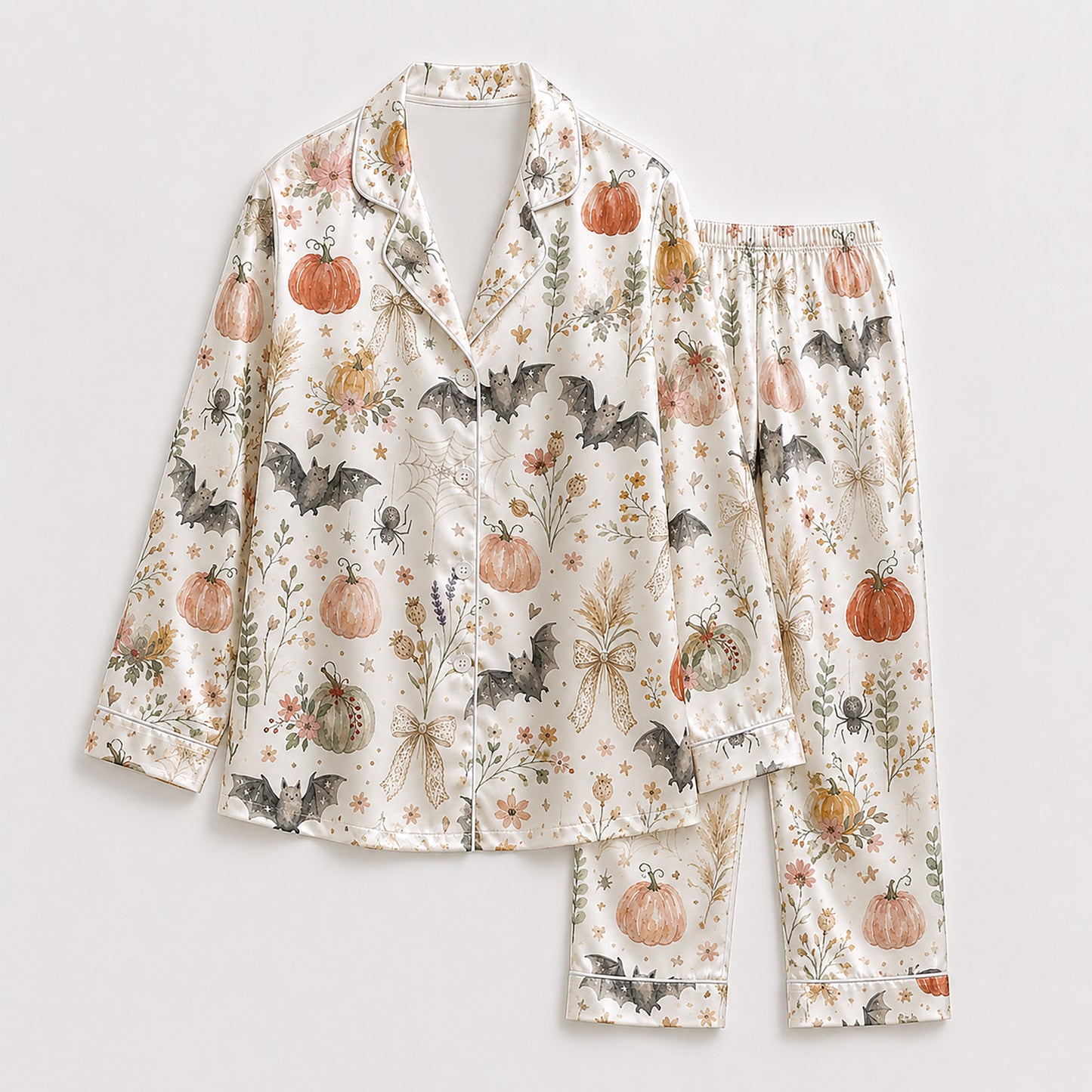 PJ-707-Vintage Pumpkin Satin Pajama Set with Bat Floral and Autumn Botanical Pattern