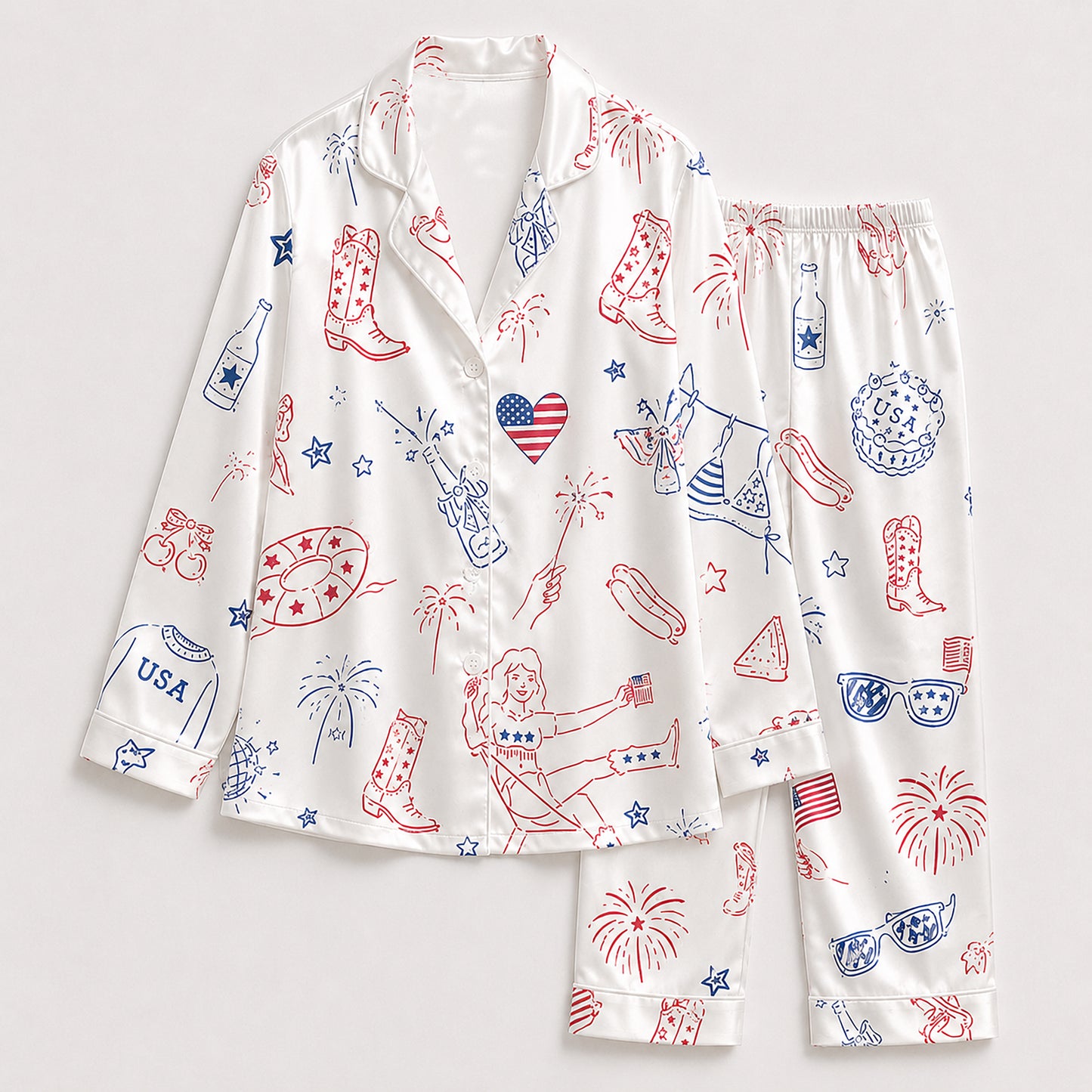 PJ-708-Patriotic Western Satin Pajama Set with Cowboy Boots Hat USA Flag and Americana Pattern