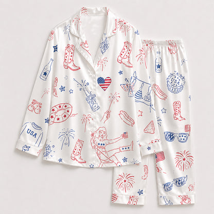 PJ-708-Patriotic Western Satin Pajama Set with Cowboy Boots Hat USA Flag and Americana Pattern