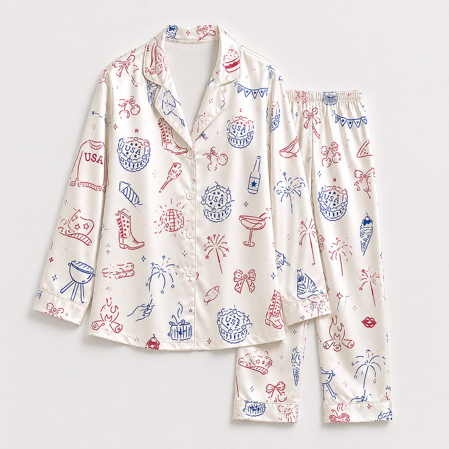 PJ-709-Patriotic Americana Satin Pajama Set with USA Icons Fireworks Cowboy Boots and Western Pattern