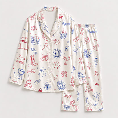 PJ-709-Patriotic Americana Satin Pajama Set with USA Icons Fireworks Cowboy Boots and Western Pattern