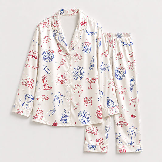 PJ-709-Patriotic Americana Satin Pajama Set with USA Icons Fireworks Cowboy Boots and Western Pattern