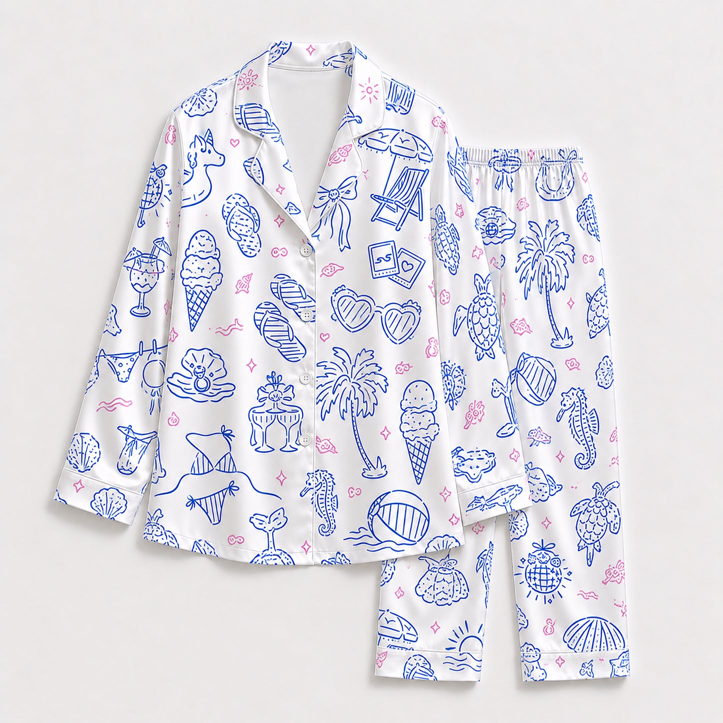 PJ-710-Coastal Summer Satin Pajama Set with Seashell Starfish Seahorse Palm Tree and Beach Pattern
