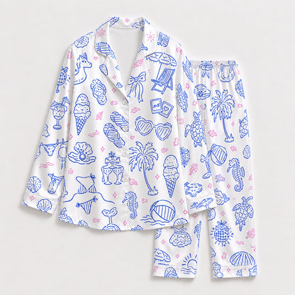 PJ-710-Coastal Summer Satin Pajama Set with Seashell Starfish Seahorse Palm Tree and Beach Pattern