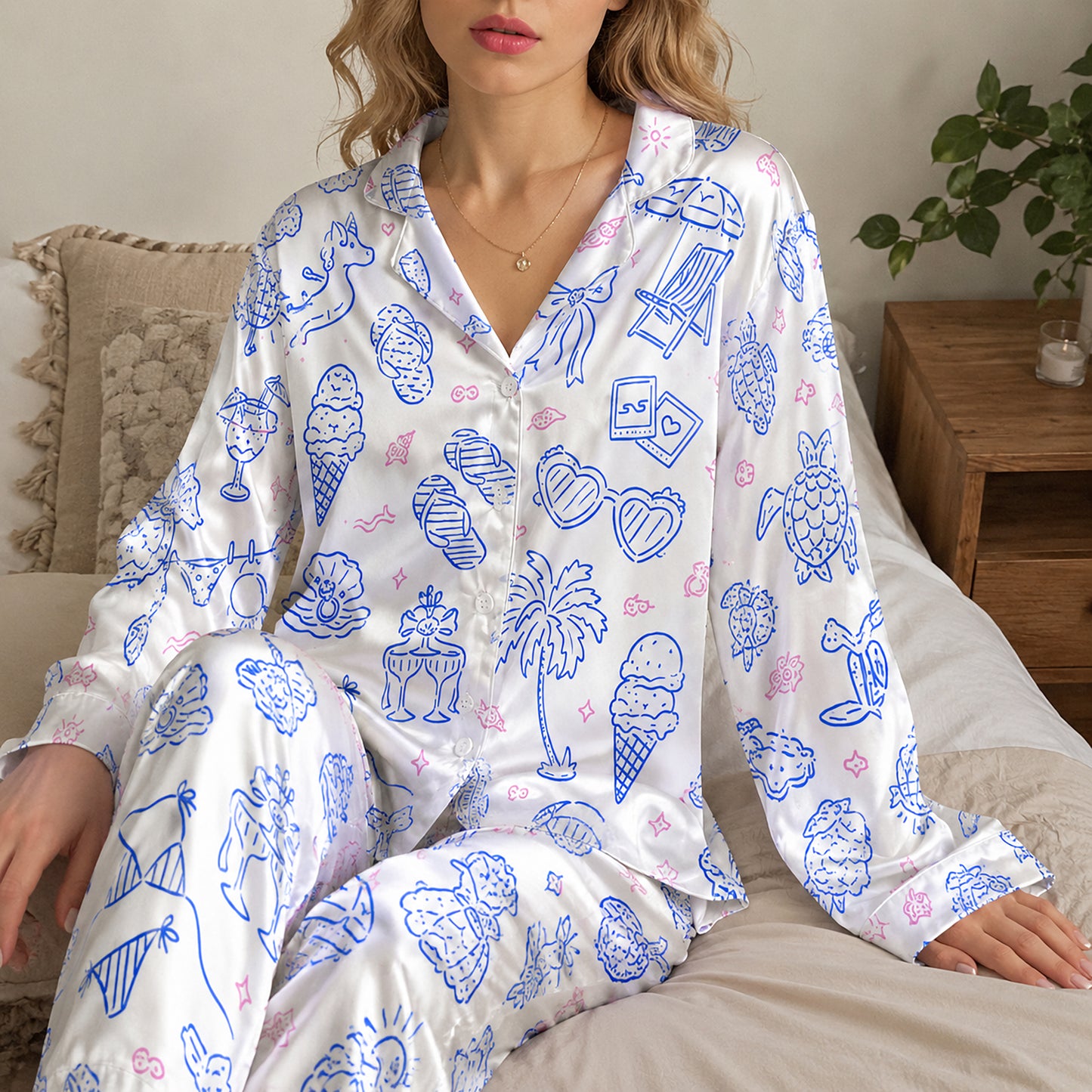 PJ-710-Coastal Summer Satin Pajama Set with Seashell Starfish Seahorse Palm Tree and Beach Pattern