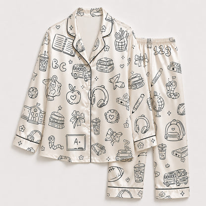 PJ-711-School Doodle Satin Pajama Set with Classroom Learning Book Apple Backpack and Education Pattern
