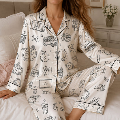 PJ-711-School Doodle Satin Pajama Set with Classroom Learning Book Apple Backpack and Education Pattern