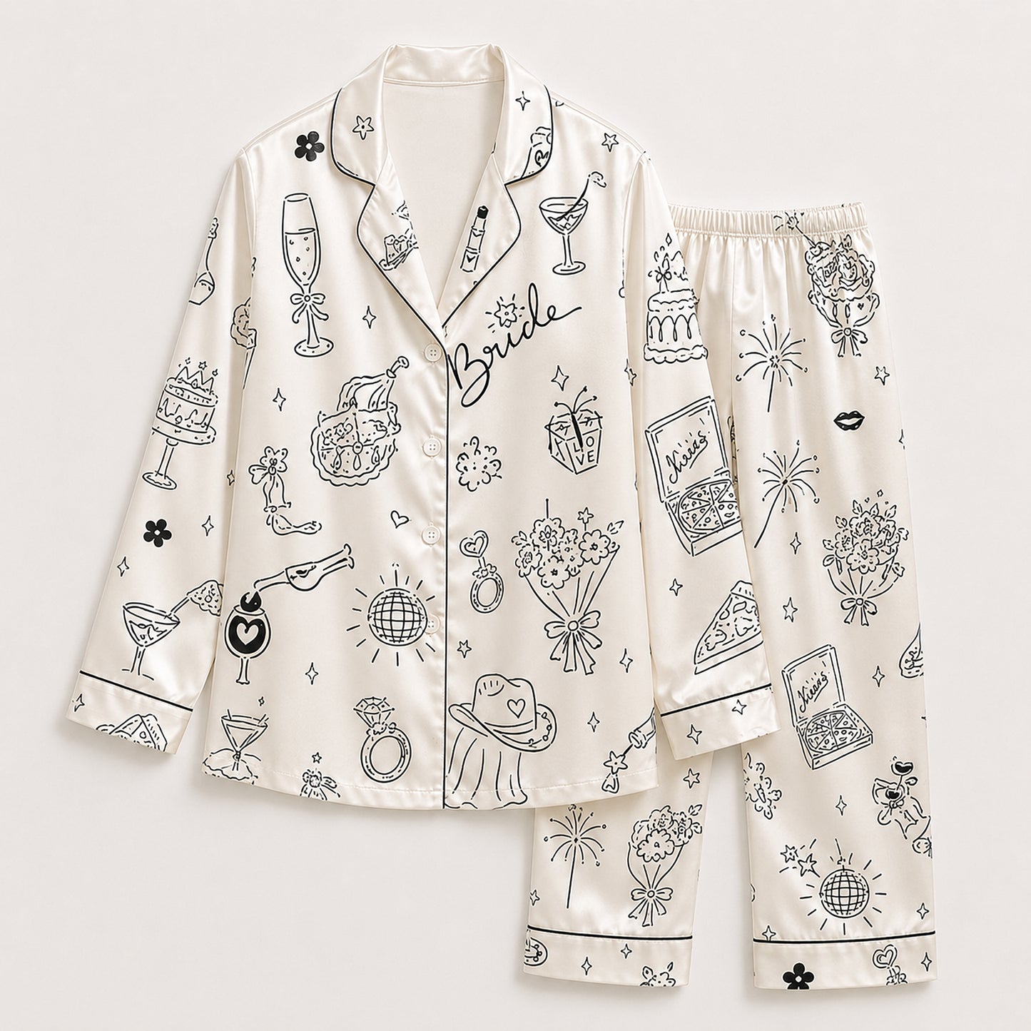 PJ-712-Bridal Satin Pajama Set with Wedding Doodle Pattern and Minimalist Celebration Icons