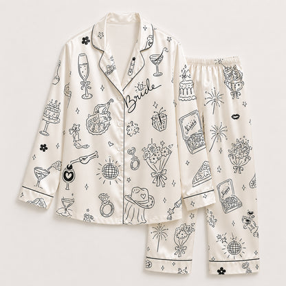 PJ-712-Bridal Satin Pajama Set with Wedding Doodle Pattern and Minimalist Celebration Icons
