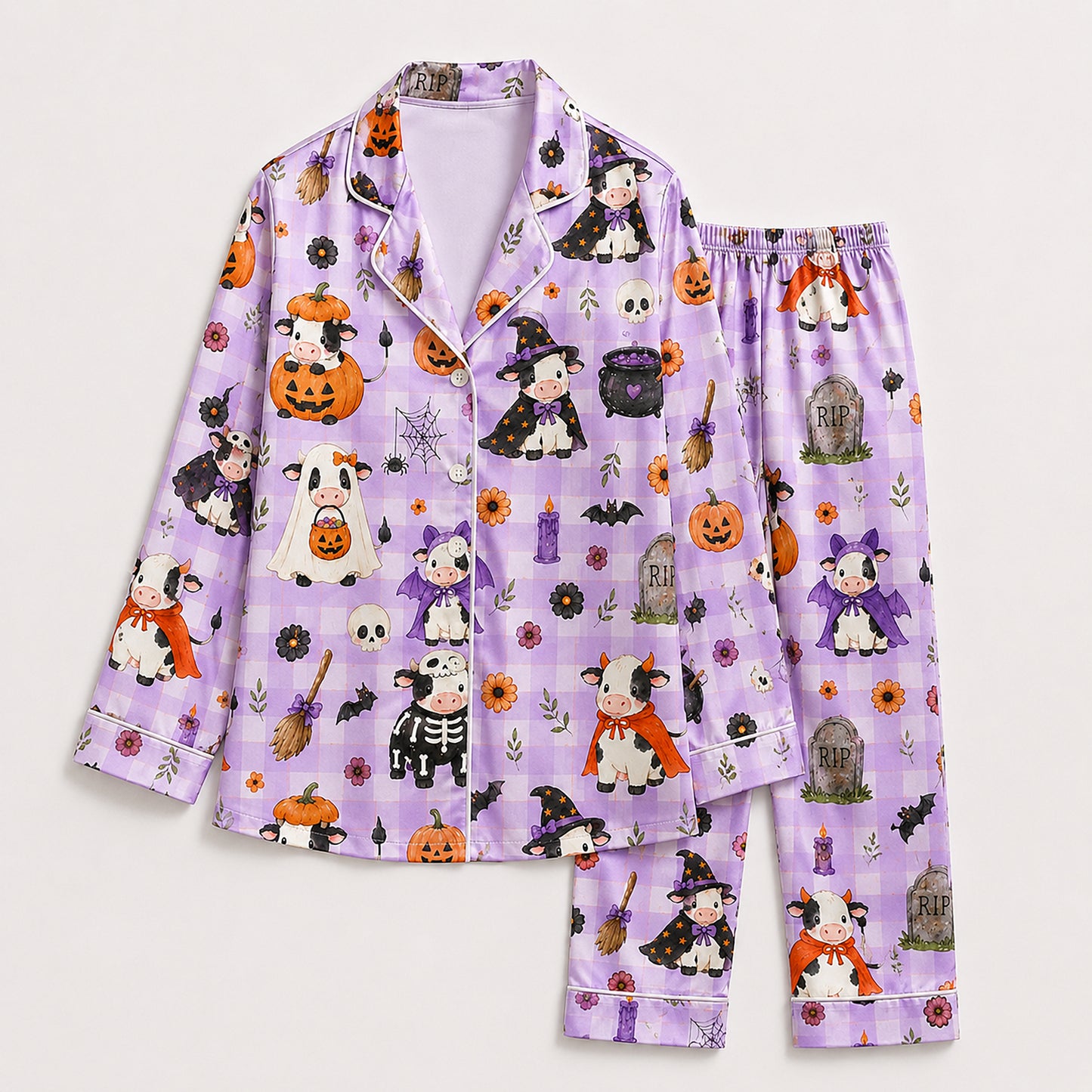 PJ-713-Cute Halloween Cow Satin Pajama Set with Kawaii Witch Highland Cow Pumpkin and Ghost Pattern Nguyen Thanh Phong