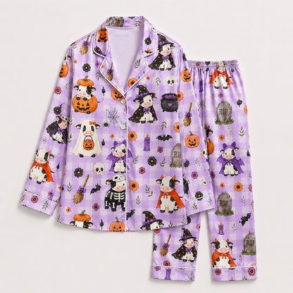 PJ-713-Cute Halloween Cow Satin Pajama Set with Kawaii Witch Highland Cow Pumpkin and Ghost Pattern Nguyen Thanh Phong