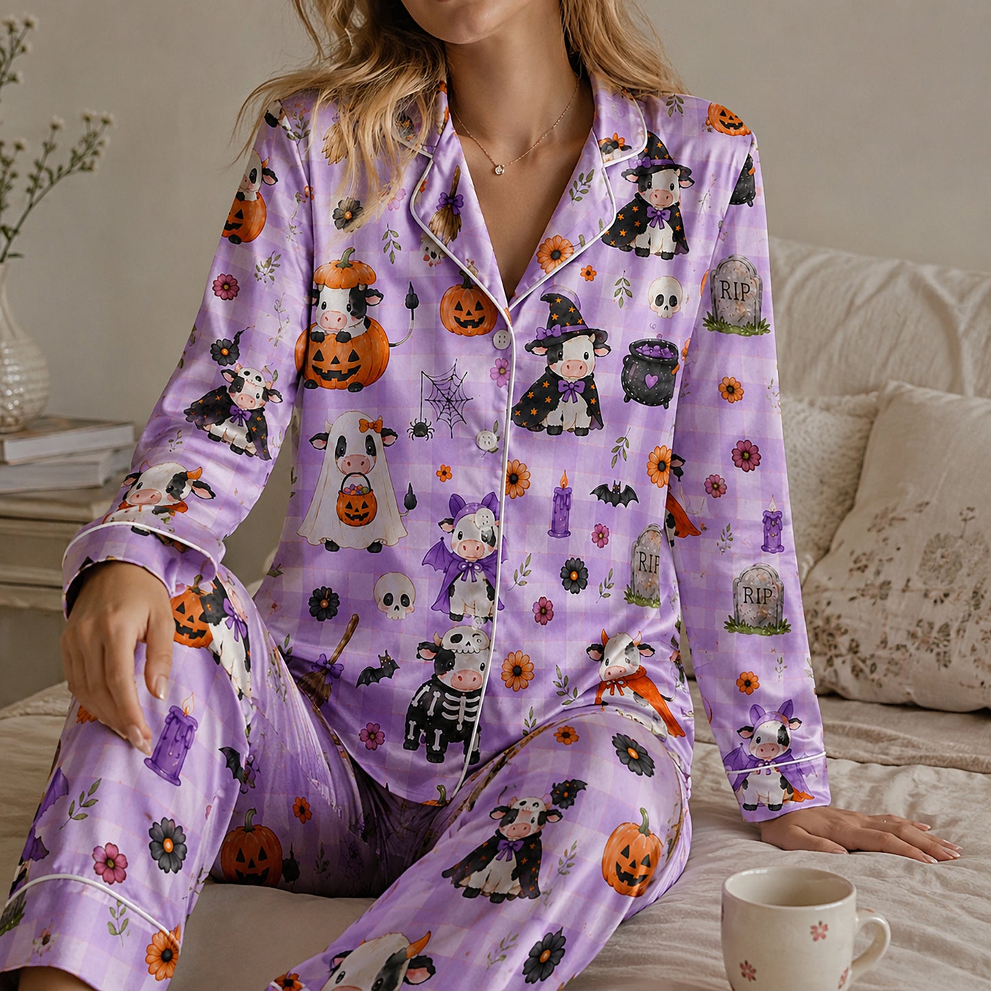 PJ-713-Cute Halloween Cow Satin Pajama Set with Kawaii Witch Highland Cow Pumpkin and Ghost Pattern Nguyen Thanh Phong