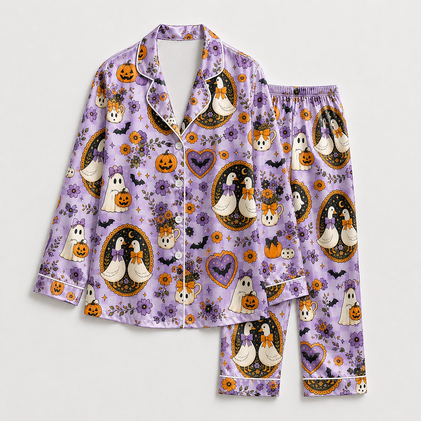 PJ-714-Vintage Halloween Goose Satin Pajama Set with Ghost Pumpkin Floral and Cottagecore Pattern