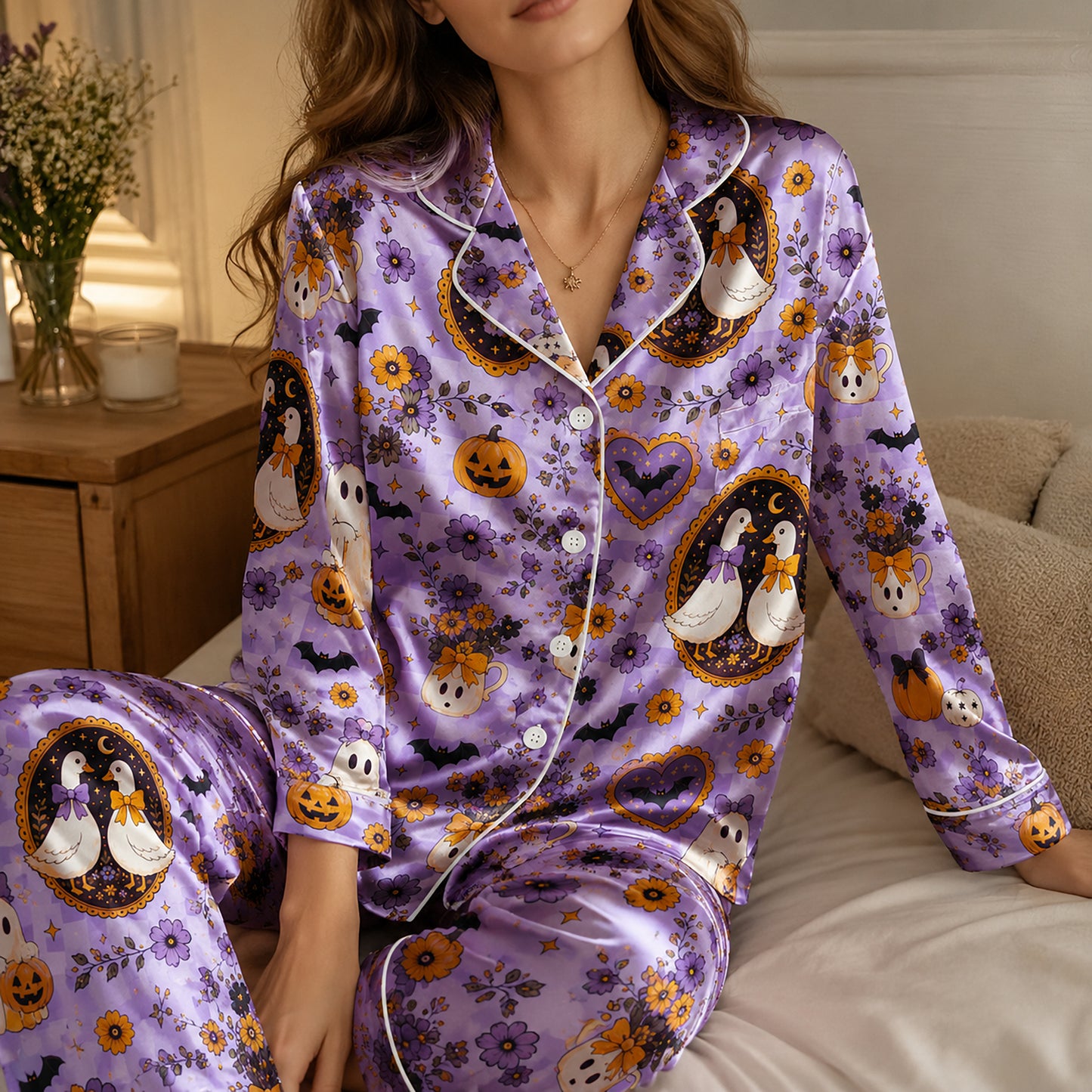 PJ-714-Vintage Halloween Goose Satin Pajama Set with Ghost Pumpkin Floral and Cottagecore Pattern