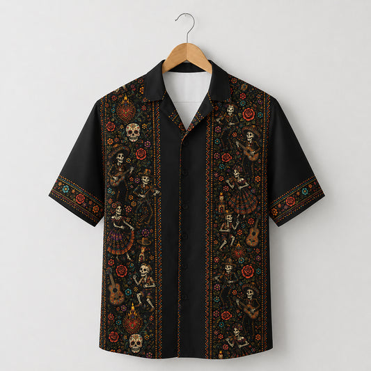 HW-715-Mexican Day Of The Dead Skull Hawaiian Shirt Vibrant Floral Skeleton Festival Button Up