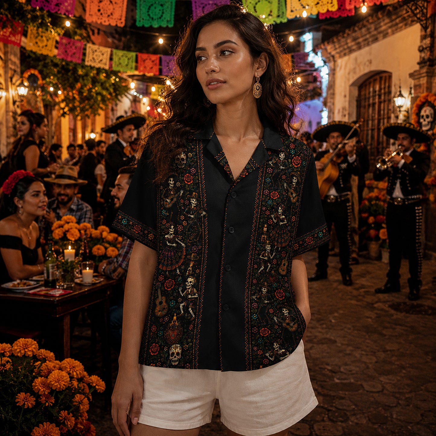 HW-715-Mexican Day Of The Dead Skull Hawaiian Shirt Vibrant Floral Skeleton Festival Button Up