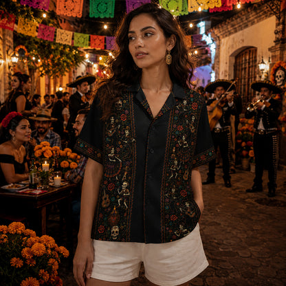 HW-715-Mexican Day Of The Dead Skull Hawaiian Shirt Vibrant Floral Skeleton Festival Button Up