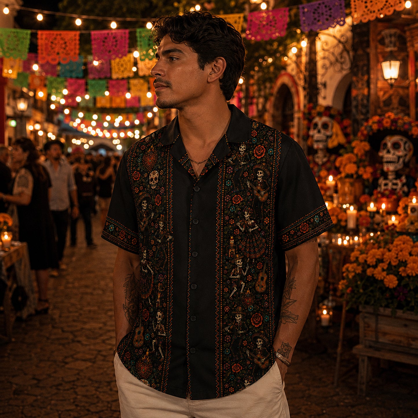 HW-715-Mexican Day Of The Dead Skull Hawaiian Shirt Vibrant Floral Skeleton Festival Button Up