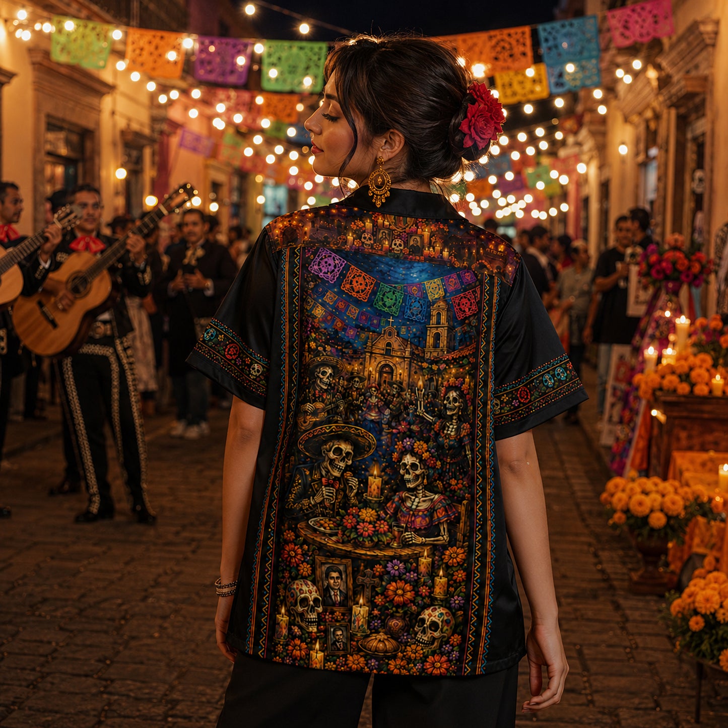 HW-715-Mexican Day Of The Dead Skull Hawaiian Shirt Vibrant Floral Skeleton Festival Button Up