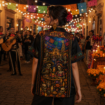 HW-715-Mexican Day Of The Dead Skull Hawaiian Shirt Vibrant Floral Skeleton Festival Button Up