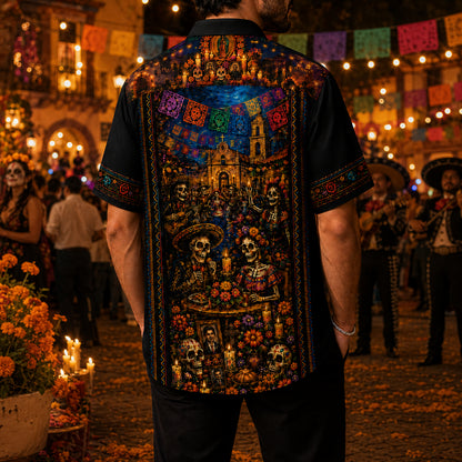 HW-715-Mexican Day Of The Dead Skull Hawaiian Shirt Vibrant Floral Skeleton Festival Button Up